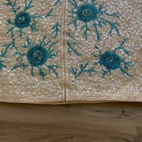 Vintage Beaded Sequin Top Womens Large Cream Blue Ocean Cell 60s Mad Men Mermaid - Picture 9 of 15